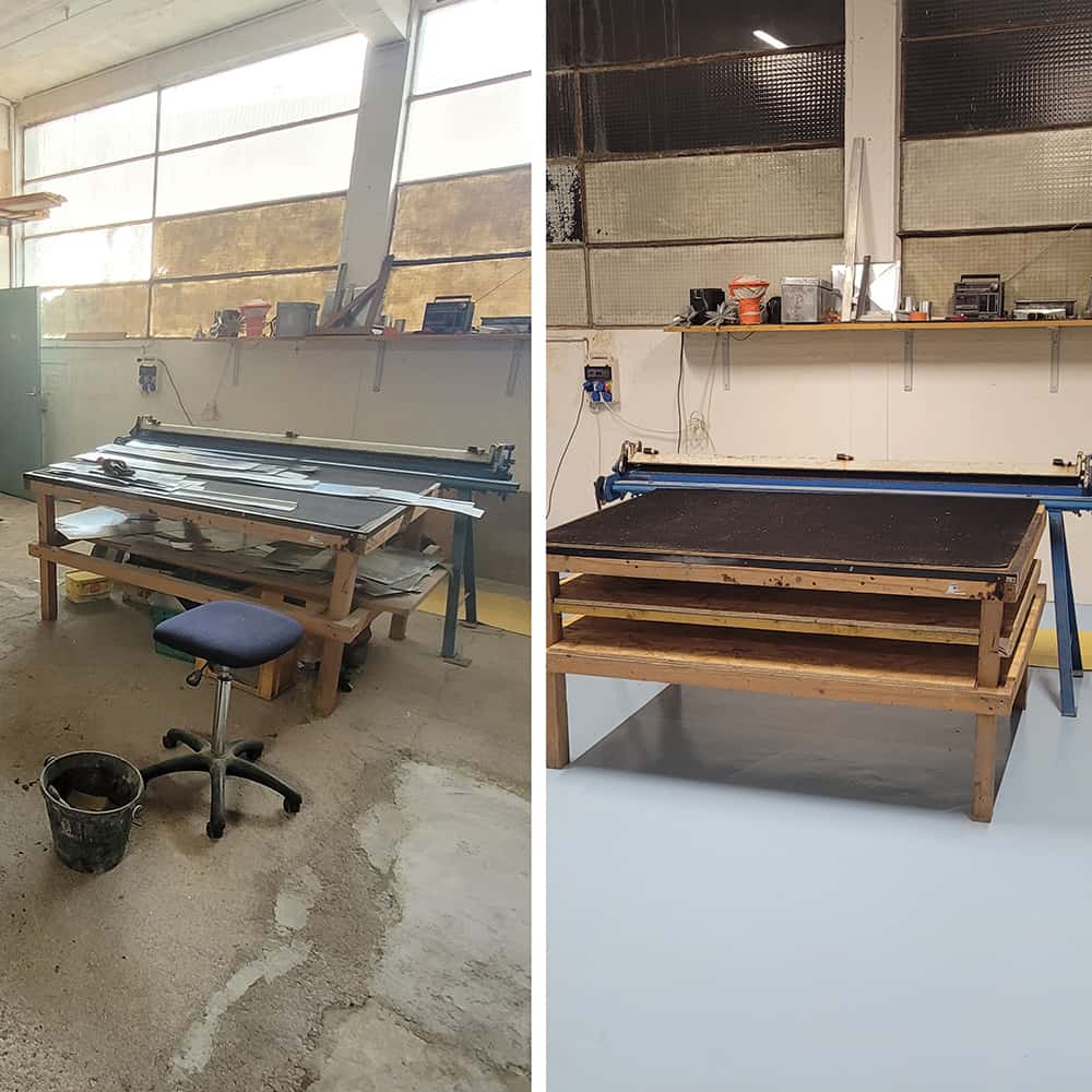 Avant/après de la rénovation d’un atelier avec reprise du sol et des murs par Oliveira