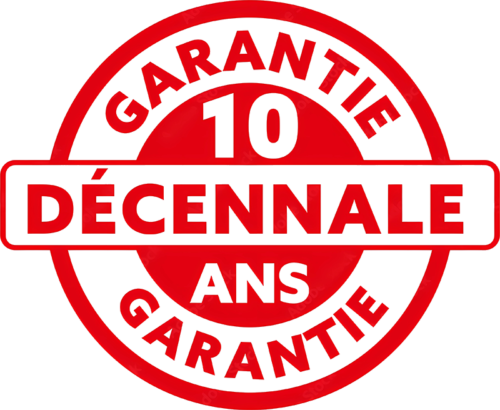 Badge rouge indiquant une garantie décennale de 10 ans sur les travaux de rénovation